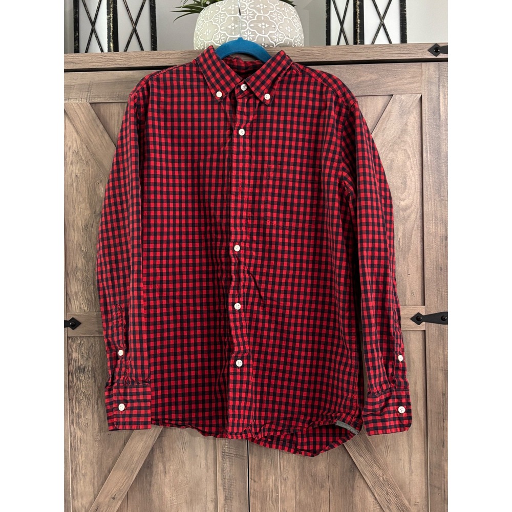 Crewcuts Boys Red Navy Gingham Plaid Button Down Shirt Size 12 Long Sleeve